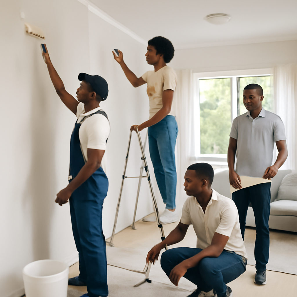 Black African renovation team working in a bright modern Durban home