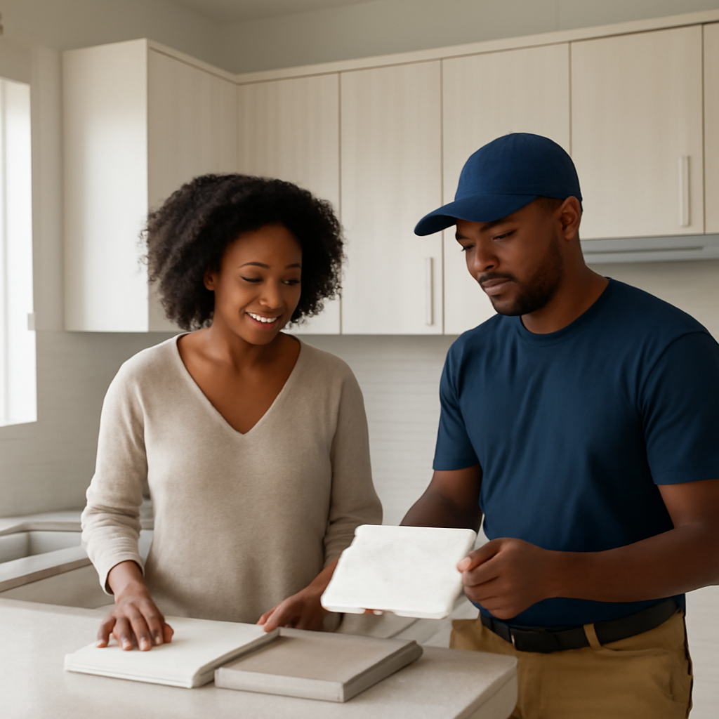 Modern light kitchen renovation with Black African homeowner and contractor reviewing finishes